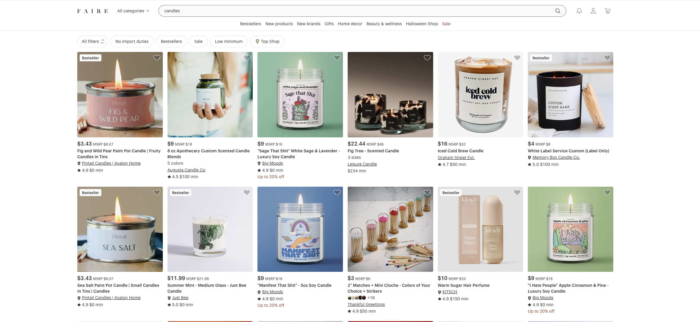 Faire marketplace search results showing candle products with various ranking factors